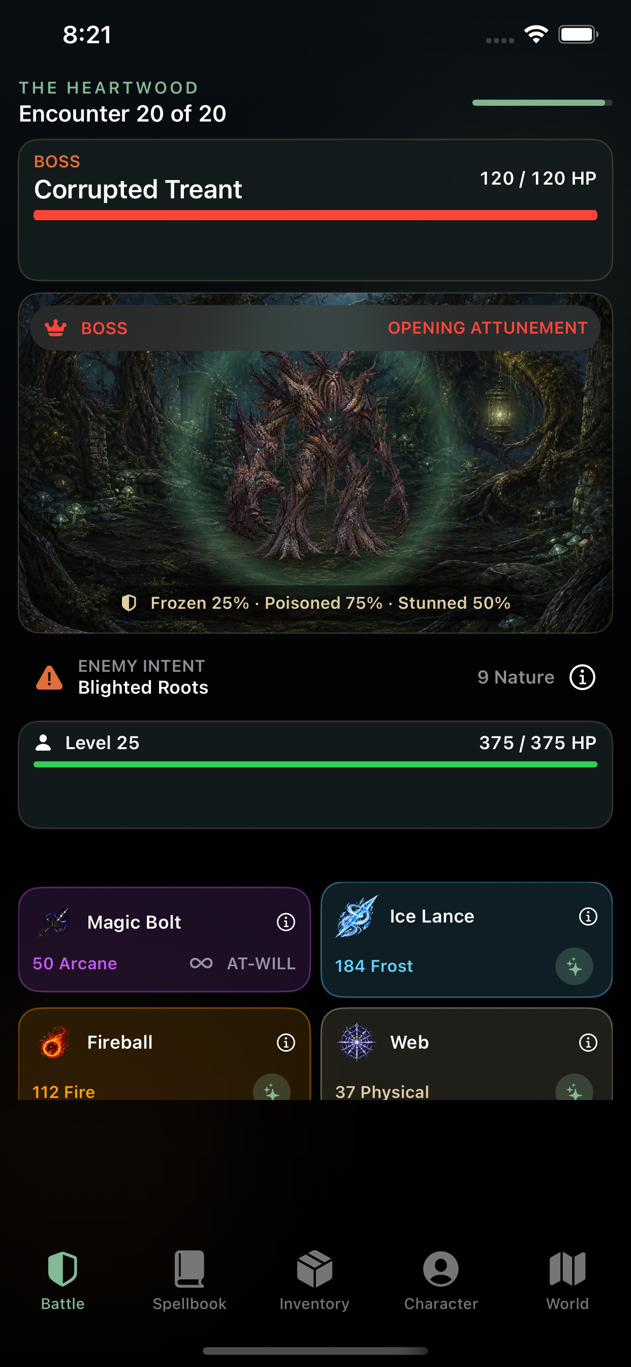 Spellharvest battle against the Corrupted Treant boss, with spell choices and enemy intent visible