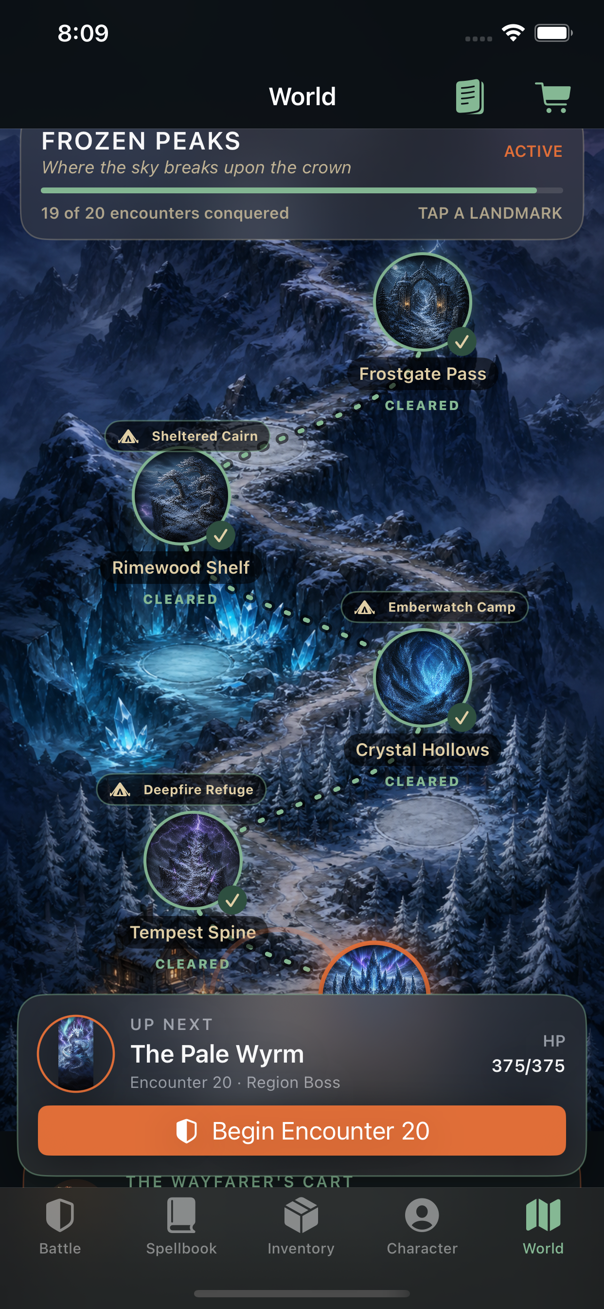 Frozen Peaks region map approaching The Pale Wyrm boss encounter