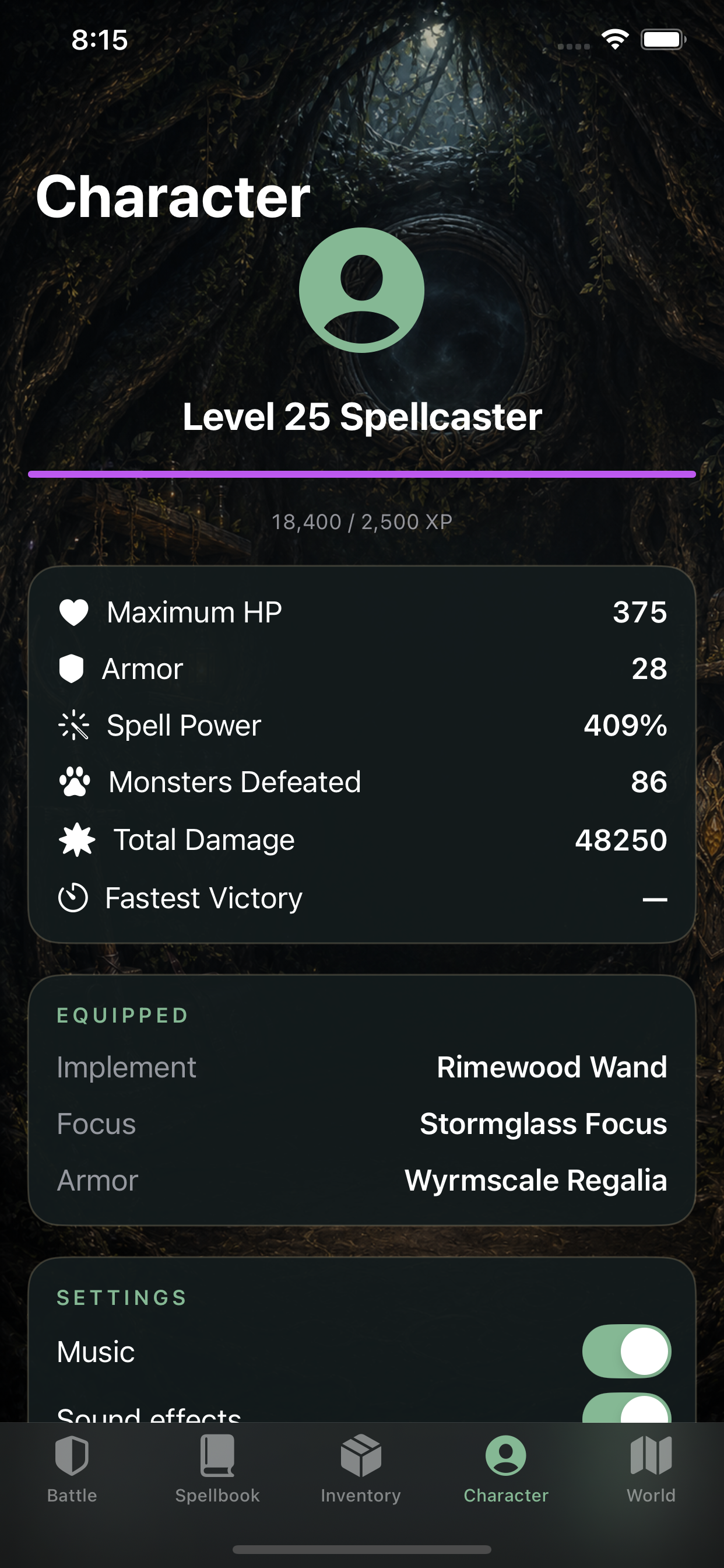 Level 25 Spellcaster character screen showing equipment and persistent combat statistics