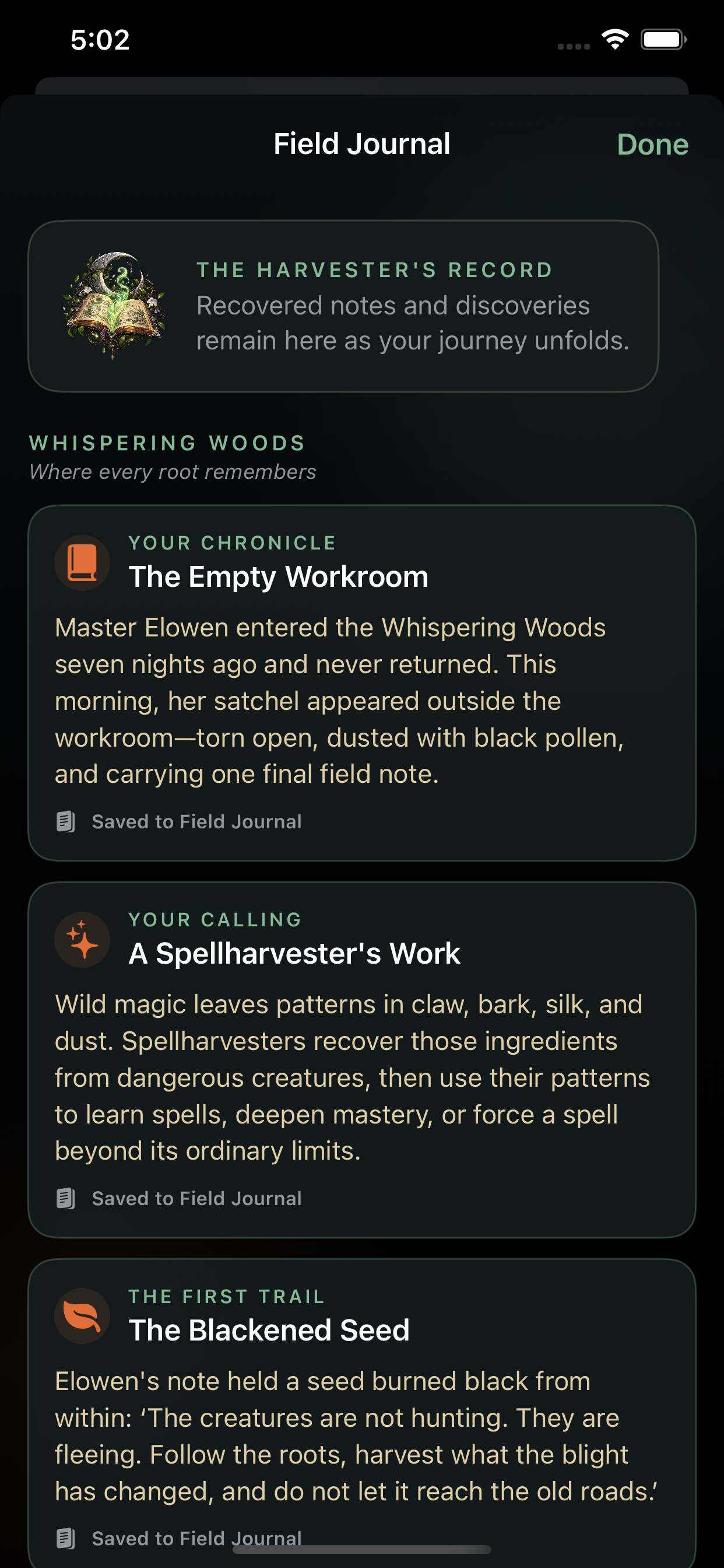 Field Journal preserving recovered story entries from the Whispering Woods