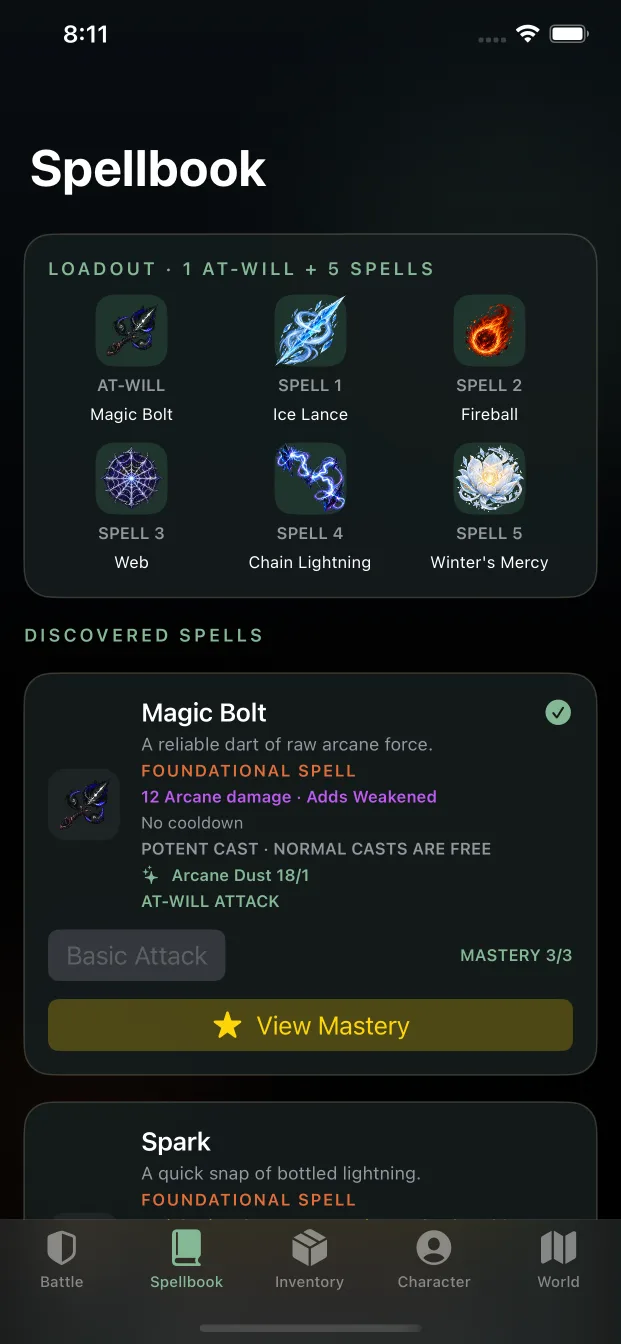 Spellbook and spell loadout